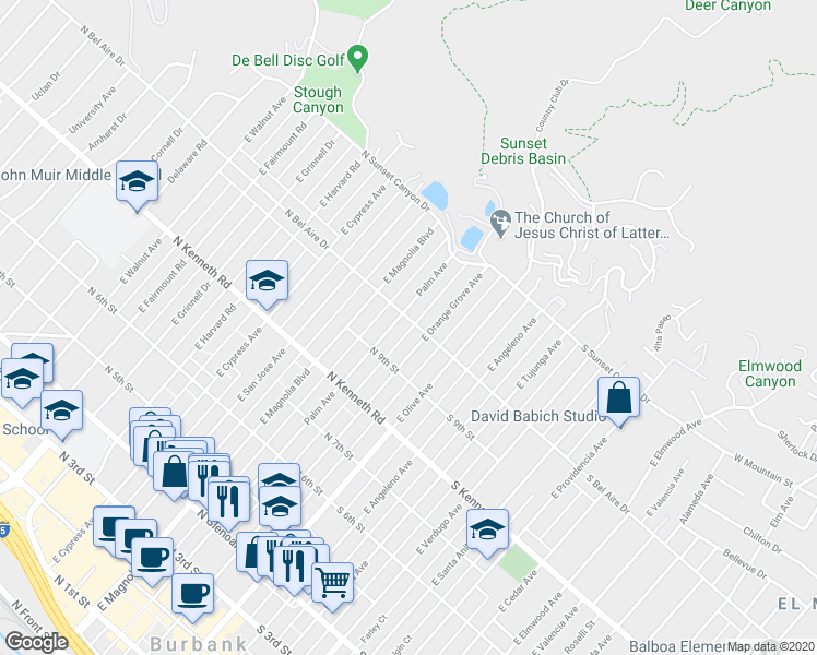 map of restaurants, bars, coffee shops, grocery stores, and more near 217 North Bel Aire Drive in Burbank