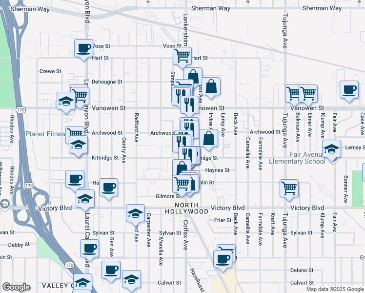 map of restaurants, bars, coffee shops, grocery stores, and more near 6606 Lankershim Boulevard in Los Angeles
