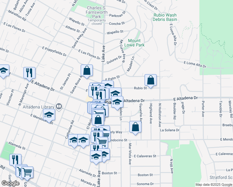 map of restaurants, bars, coffee shops, grocery stores, and more near 2630 Homepark Avenue in Altadena