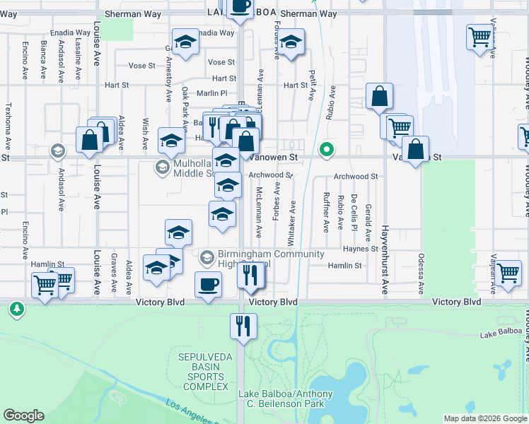 map of restaurants, bars, coffee shops, grocery stores, and more near 6630 McLennan Avenue in Los Angeles