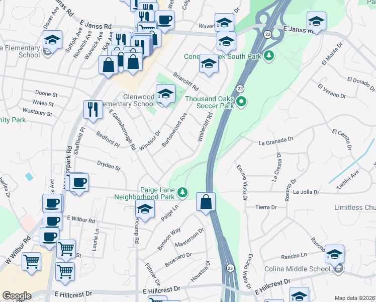 map of restaurants, bars, coffee shops, grocery stores, and more near 778 Spalding Street in Thousand Oaks