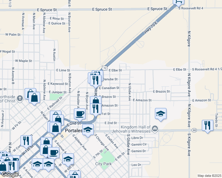map of restaurants, bars, coffee shops, grocery stores, and more near 930 East Canadian Street in Portales
