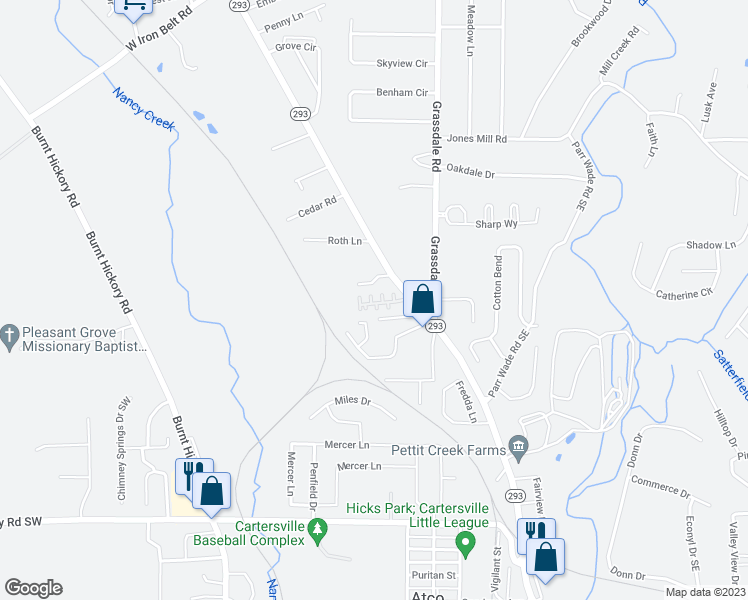 map of restaurants, bars, coffee shops, grocery stores, and more near 84 Point Place Drive in Cartersville