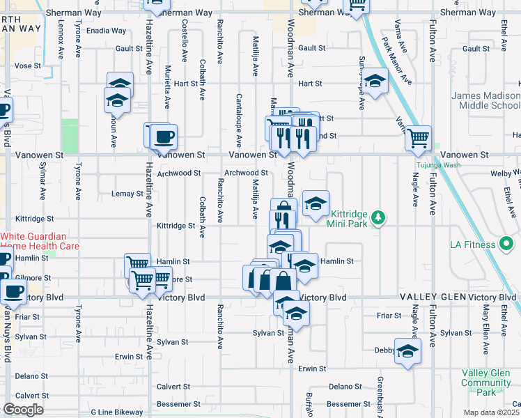 map of restaurants, bars, coffee shops, grocery stores, and more near 6626 Matilija Avenue in Los Angeles