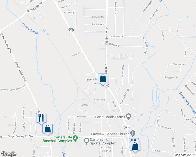 map of restaurants, bars, coffee shops, grocery stores, and more near 26 Point Place Drive in Cartersville