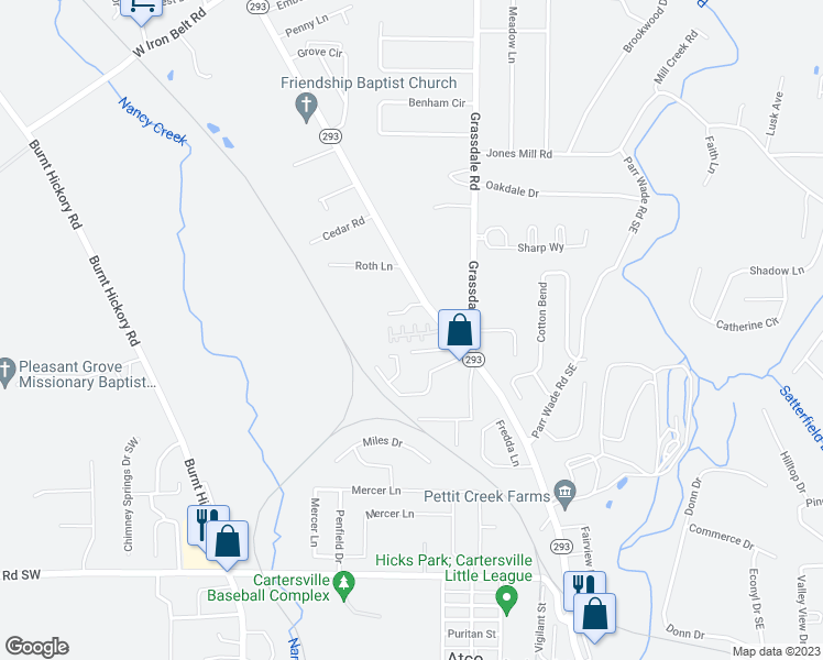 map of restaurants, bars, coffee shops, grocery stores, and more near 60 Point Place Drive in Cartersville