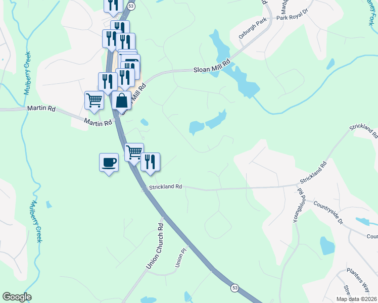 map of restaurants, bars, coffee shops, grocery stores, and more near 4339 Windfield Drive in Flowery Branch