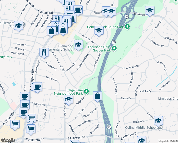 map of restaurants, bars, coffee shops, grocery stores, and more near 778 Spalding Street in Thousand Oaks