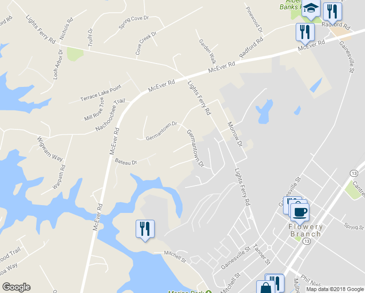 map of restaurants, bars, coffee shops, grocery stores, and more near 6309 Revere Court in Flowery Branch