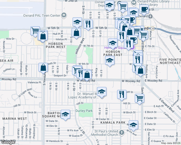 map of restaurants, bars, coffee shops, grocery stores, and more near 1009 North G Street in Oxnard