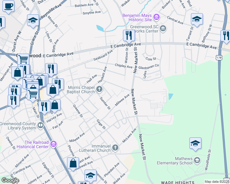 map of restaurants, bars, coffee shops, grocery stores, and more near 10 Gilliam Court in Greenwood