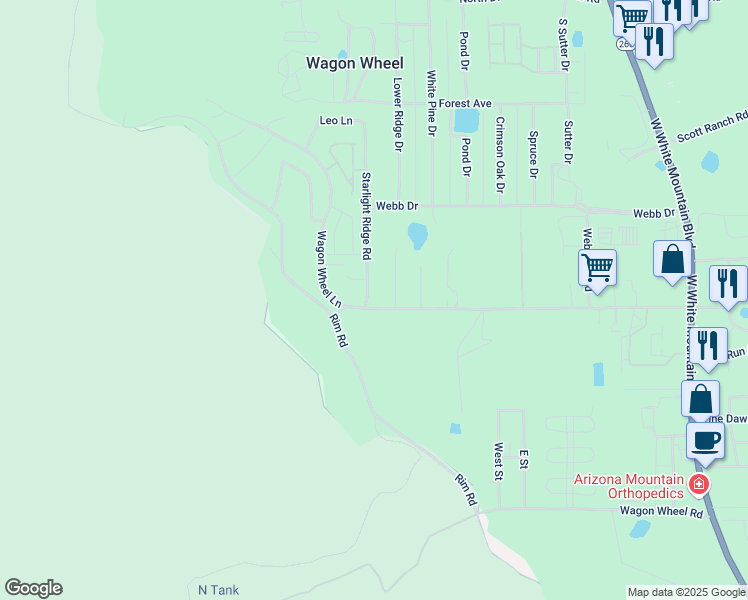 map of restaurants, bars, coffee shops, grocery stores, and more near 5621 Starlight Ridge Road in Wagon Wheel