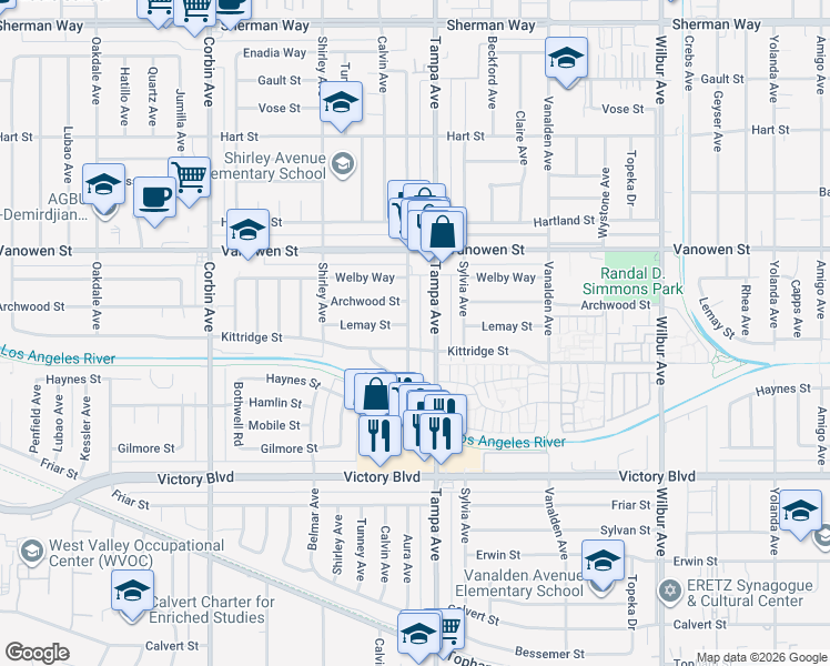 map of restaurants, bars, coffee shops, grocery stores, and more near 6634 Aura Avenue in Los Angeles