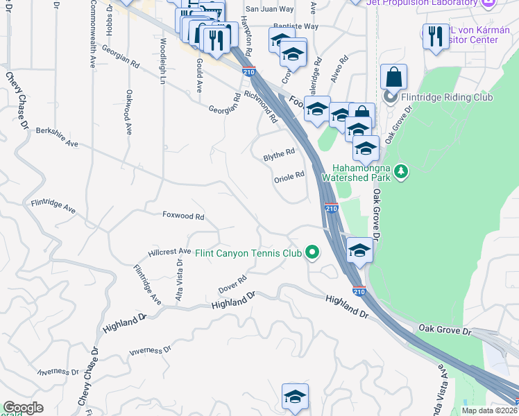 map of restaurants, bars, coffee shops, grocery stores, and more near 375 Berkshire Avenue in La Cañada Flintridge