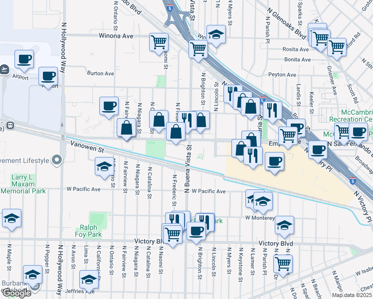 map of restaurants, bars, coffee shops, grocery stores, and more near 1901 North Buena Vista Street in Burbank