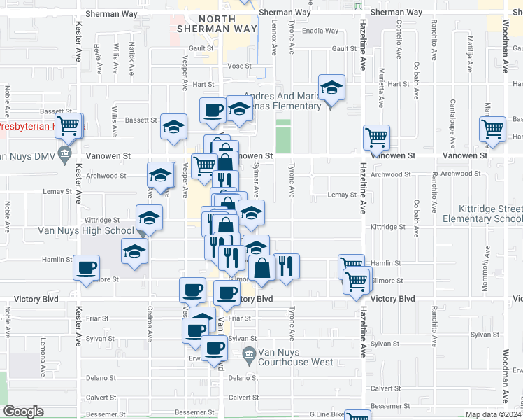 map of restaurants, bars, coffee shops, grocery stores, and more near 6616 Sylmar Avenue in Los Angeles
