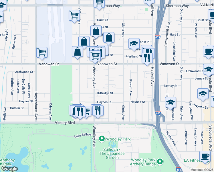 map of restaurants, bars, coffee shops, grocery stores, and more near 6631 Gaviota Avenue in Los Angeles