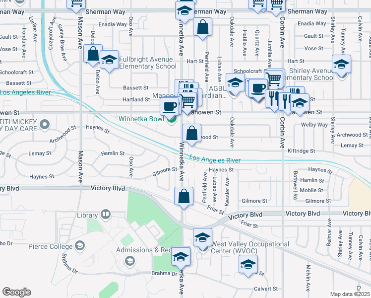map of restaurants, bars, coffee shops, grocery stores, and more near 6632 Winnetka Avenue in Los Angeles