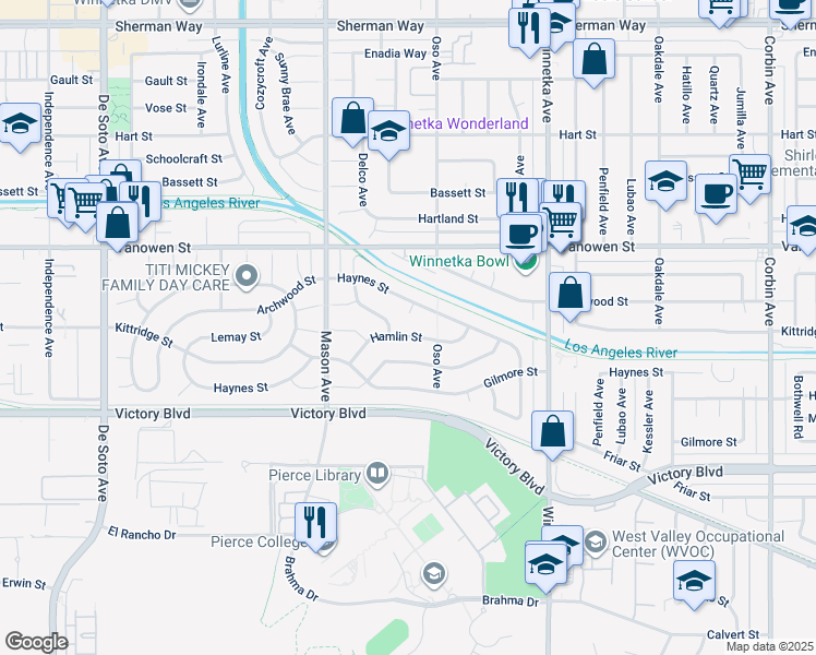 map of restaurants, bars, coffee shops, grocery stores, and more near 20331 Hamlin Street in Los Angeles