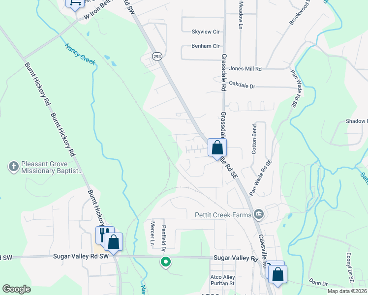 map of restaurants, bars, coffee shops, grocery stores, and more near 140 Point Place Drive in Cartersville