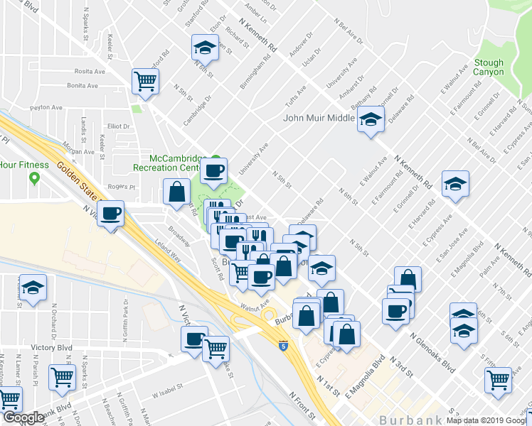map of restaurants, bars, coffee shops, grocery stores, and more near 1123 North Glenoaks Boulevard in Burbank