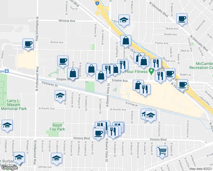 map of restaurants, bars, coffee shops, grocery stores, and more near 1901 North Buena Vista Street in Burbank