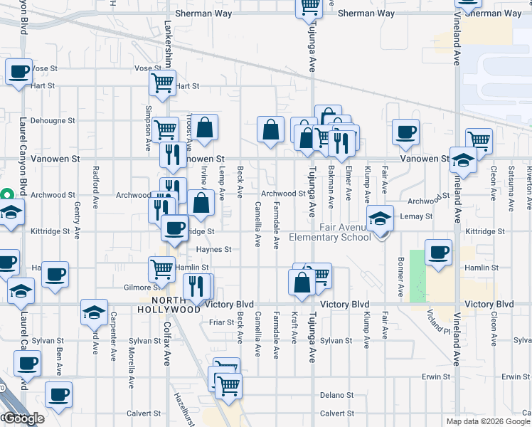 map of restaurants, bars, coffee shops, grocery stores, and more near 6619 Farmdale Avenue in Los Angeles