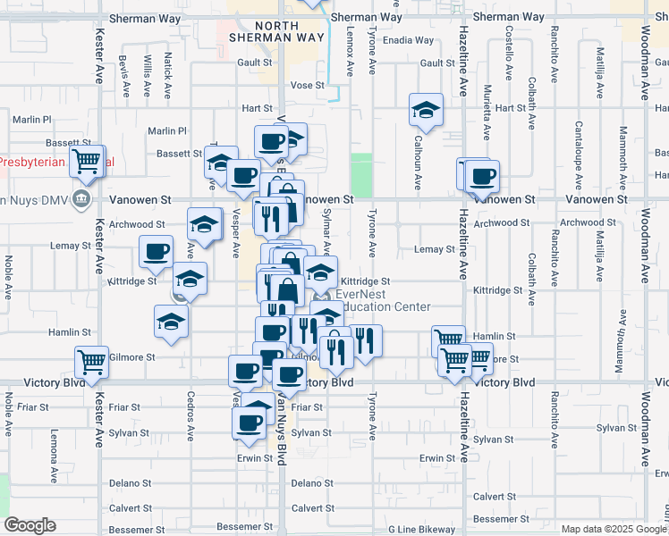 map of restaurants, bars, coffee shops, grocery stores, and more near 14351 Kittridge Street in Los Angeles