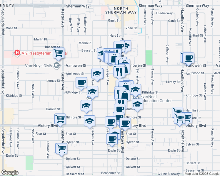 map of restaurants, bars, coffee shops, grocery stores, and more near 6604 Vesper Avenue in Los Angeles