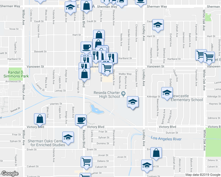 map of restaurants, bars, coffee shops, grocery stores, and more near 6624 Etiwanda Avenue in Los Angeles