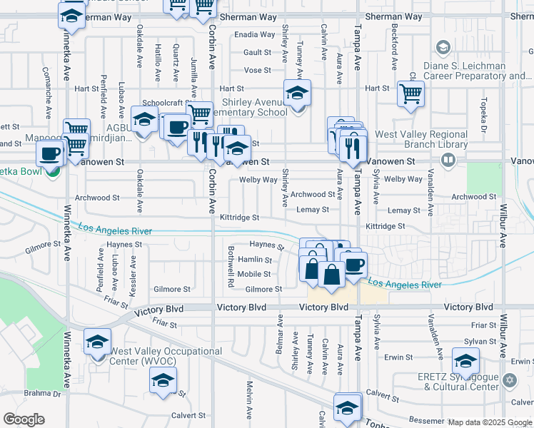 map of restaurants, bars, coffee shops, grocery stores, and more near 6632 Belmar Avenue in Los Angeles