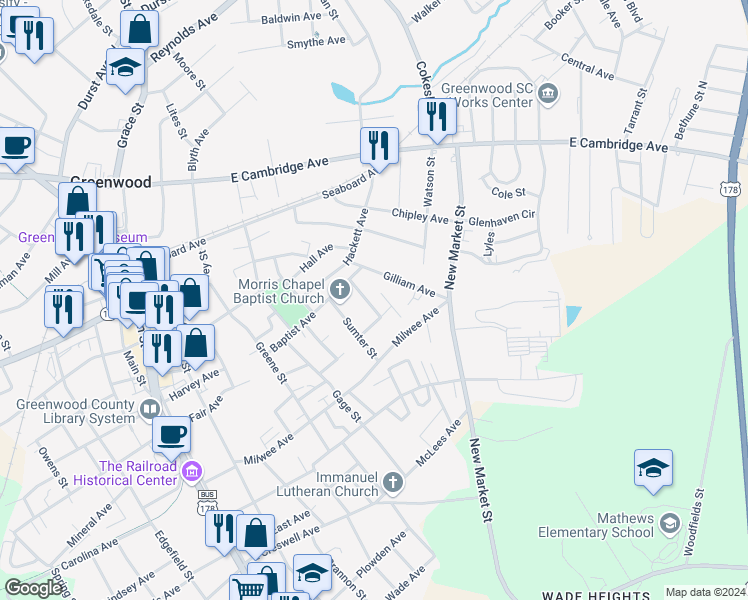 map of restaurants, bars, coffee shops, grocery stores, and more near 625 Evans Street in Greenwood