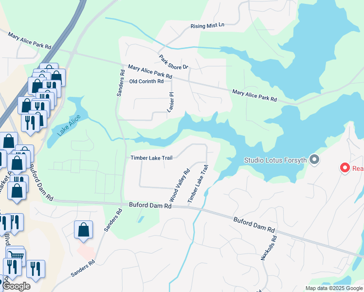map of restaurants, bars, coffee shops, grocery stores, and more near 975 Timber Lake Trail in Cumming