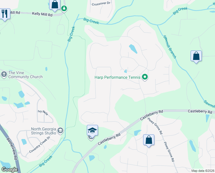 map of restaurants, bars, coffee shops, grocery stores, and more near 4927 Wade Valley Way in Cumming