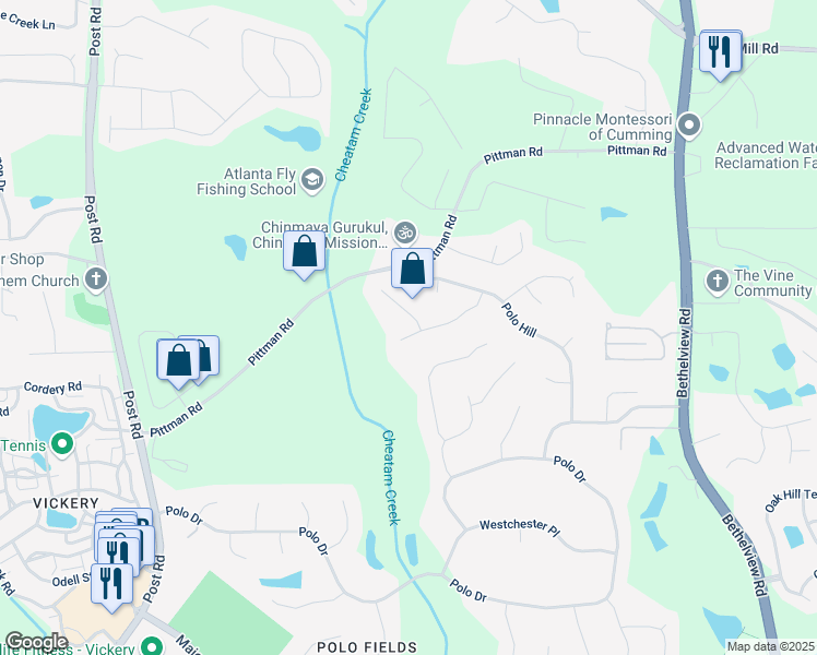 map of restaurants, bars, coffee shops, grocery stores, and more near 7415 Northampton Court in Cumming