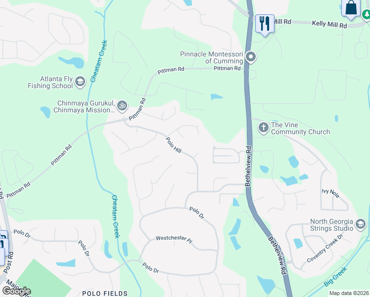map of restaurants, bars, coffee shops, grocery stores, and more near 7130 Polo Hill in Cumming