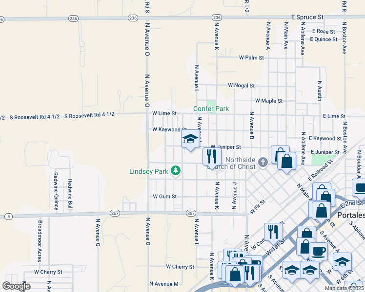 map of restaurants, bars, coffee shops, grocery stores, and more near 1401 West Juniper Street in Portales