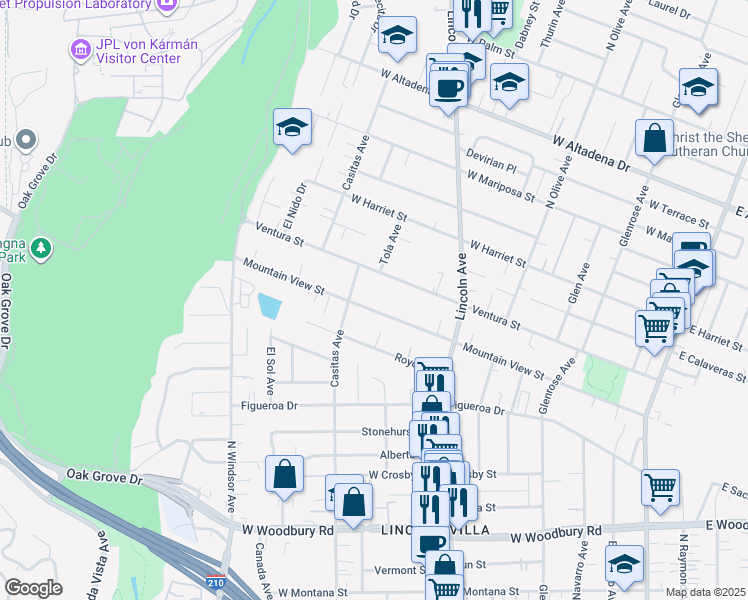 map of restaurants, bars, coffee shops, grocery stores, and more near 607 Mountain View Street in Altadena