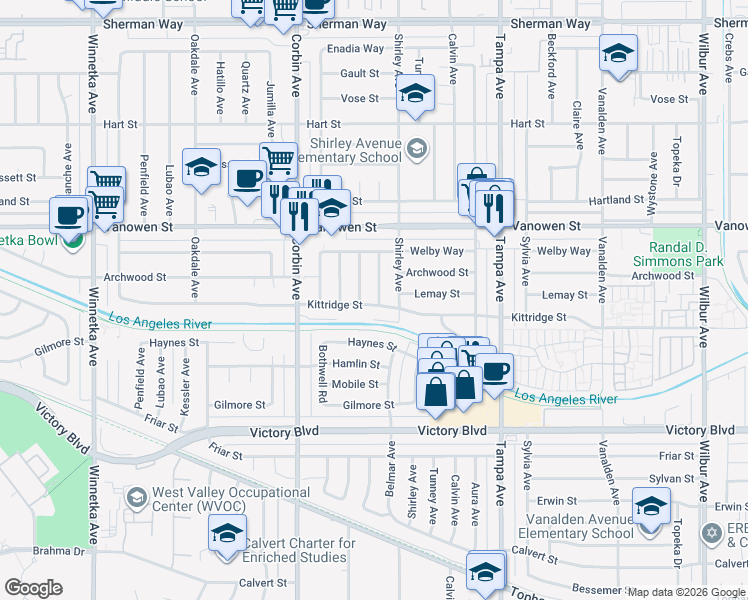 map of restaurants, bars, coffee shops, grocery stores, and more near 6632 Belmar Avenue in Los Angeles