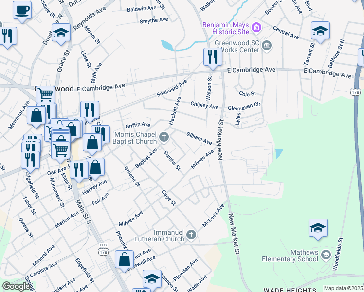 map of restaurants, bars, coffee shops, grocery stores, and more near 625 Evans Street in Greenwood