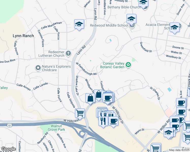 map of restaurants, bars, coffee shops, grocery stores, and more near 510 West Gainsborough Road in Thousand Oaks