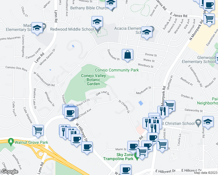 map of restaurants, bars, coffee shops, grocery stores, and more near 1011 Saint Charles Place in Thousand Oaks