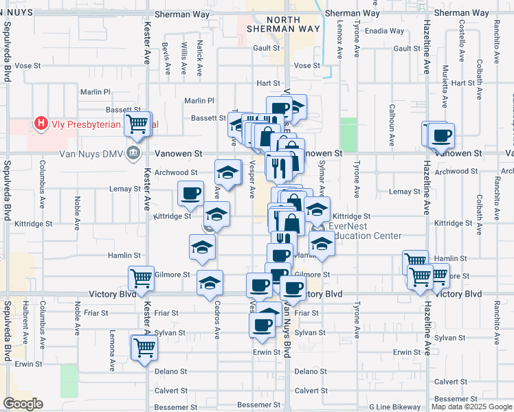 map of restaurants, bars, coffee shops, grocery stores, and more near 6604 Vesper Avenue in Los Angeles