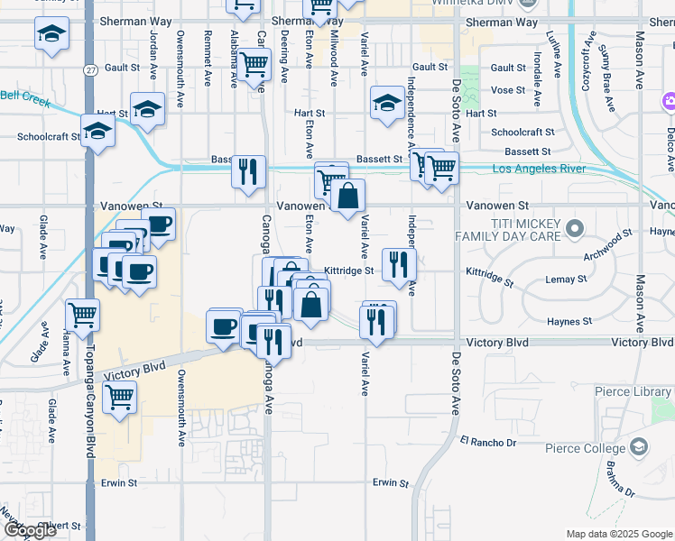 map of restaurants, bars, coffee shops, grocery stores, and more near 21201 Kittridge Street in Los Angeles