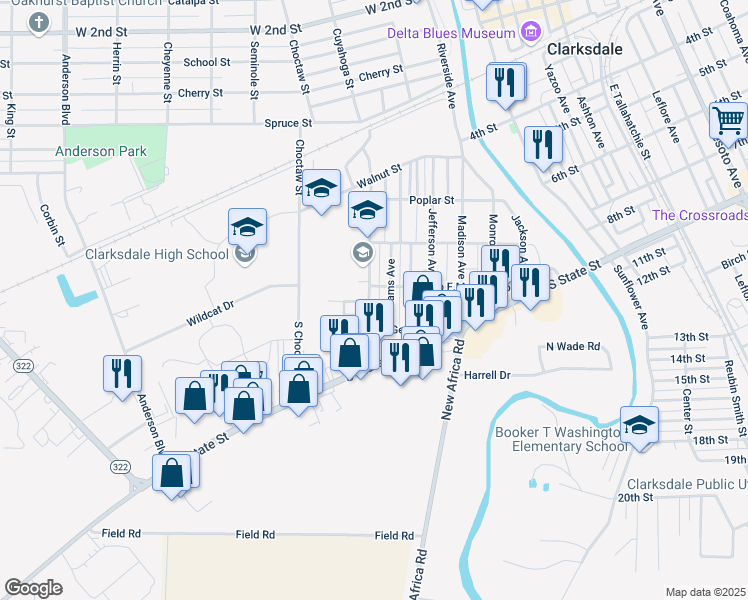 map of restaurants, bars, coffee shops, grocery stores, and more near 414 Washington Avenue in Clarksdale