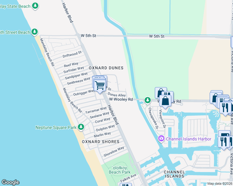 map of restaurants, bars, coffee shops, grocery stores, and more near 4906 Dunes Street in Oxnard