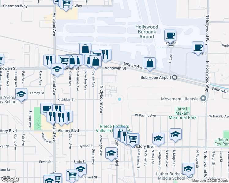 map of restaurants, bars, coffee shops, grocery stores, and more near 6620 Clybourn Avenue in Los Angeles