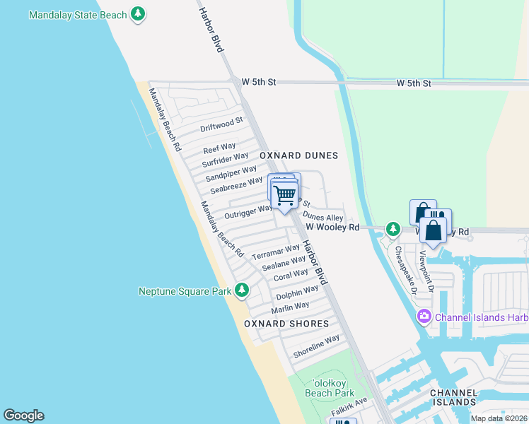 map of restaurants, bars, coffee shops, grocery stores, and more near 5138 Outrigger Way in Oxnard