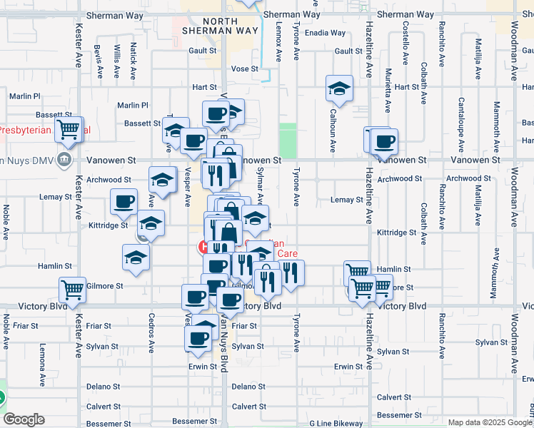 map of restaurants, bars, coffee shops, grocery stores, and more near 14351 Kittridge Street in Los Angeles