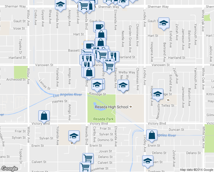 map of restaurants, bars, coffee shops, grocery stores, and more near 6632 Darby Avenue in Los Angeles